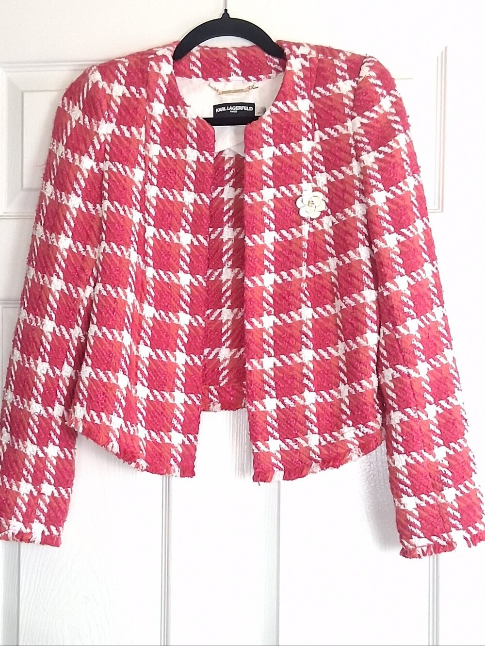 NWOT Karl Lagerfeld Paris Pink White Petite Tweed Open Front Jacket Blazer